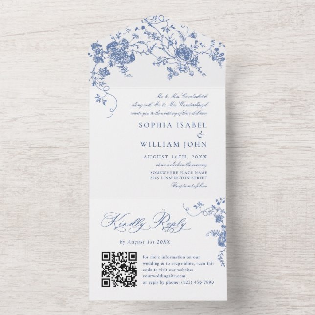 Invitation Tout En Un Elégant bleu France Garden Flowers Mariage code QR (À l'intérieur)