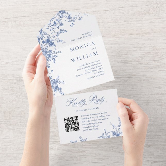 Invitation Tout En Un Elégant bleu France Garden Flowers Mariage code QR (Déchirure)