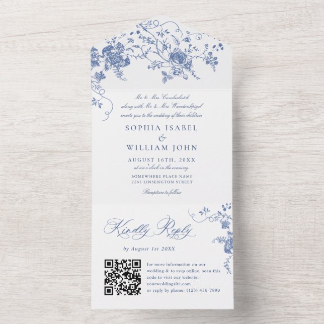 Invitation Tout En Un Elégant bleu France Garden Flowers Mariage code QR (À l'intérieur)