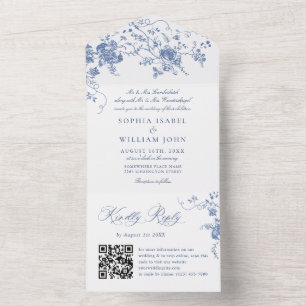 Invitation Tout En Un Elégant bleu France Garden Flowers Mariage code QR