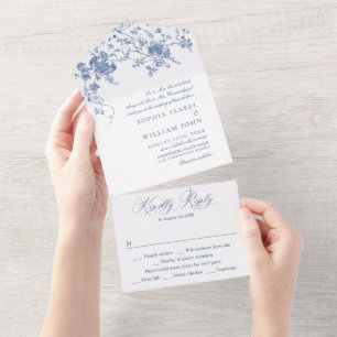 Invitation Tout En Un Elégant bleu France Mariage de fleurs de jardin