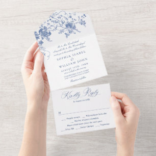 Invitation Tout En Un Elégant bleu France Mariage de fleurs de jardin