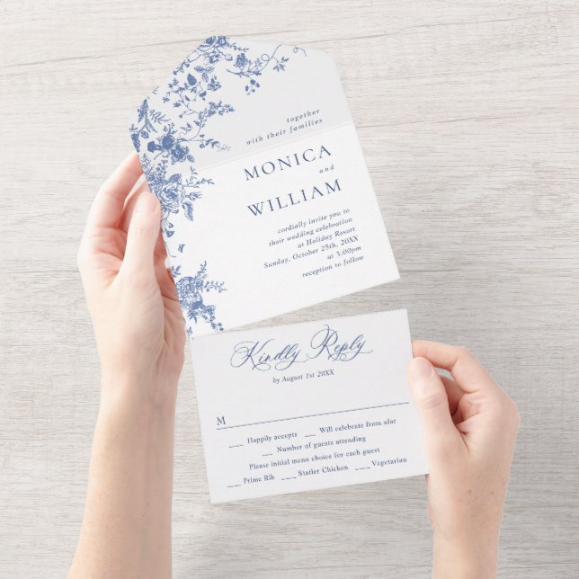 Invitation Tout En Un Elégant bleu France Mariage de fleurs de jardin (Déchirure)