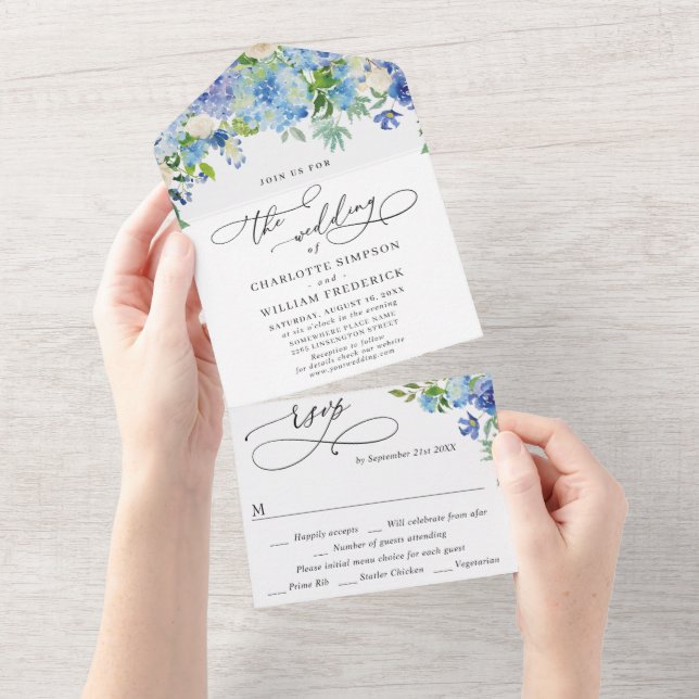 Invitation Tout En Un Elégant bleu Hydrangea Aquarelle Mariage de verdur (Déchirure)