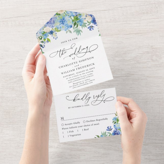 Invitation Tout En Un Elégant bleu Hydrangea Aquarelle Mariage de verdur (Déchirure)