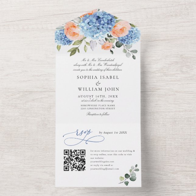 Invitation Tout En Un Élégant bleu Hydrangea rose Rose Mariage (À l'intérieur)