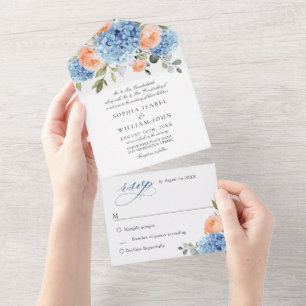 Invitation Tout En Un Élégant bleu Hydrangea rose Rose Mariage