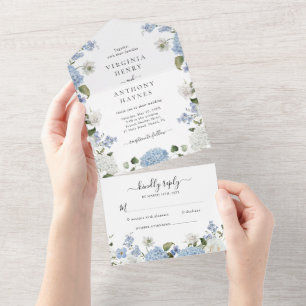 Invitation Tout En Un Elégant bleu Hydrangea Roses blanches Mariage flor