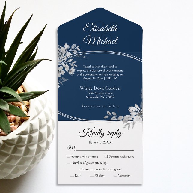 Invitation Tout En Un Elégant bleu marine Aquarelle Florale Mariage RSVP (Simplify your wedding with our all-in-one invitation – convenience and beauty in a single card.)