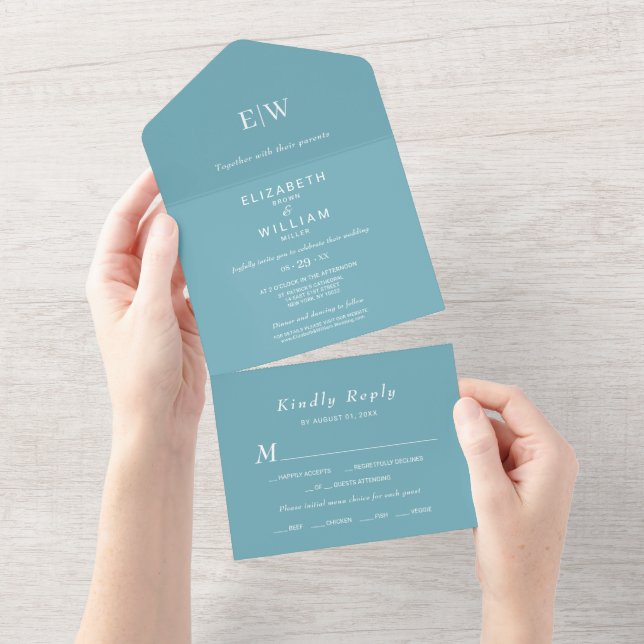 Invitation Tout En Un Élégant bleu rétro simple avec Mariage Monogram (Déchirure)