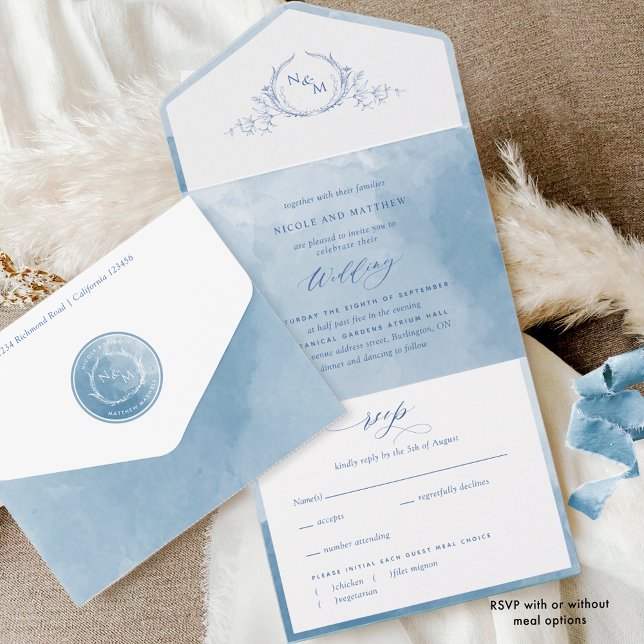 Invitation Tout En Un Elegant Blue Watercolor Monogram Wedding All In On (Créateur téléchargé)