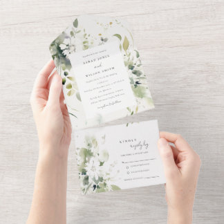 Invitation Tout En Un Elégant Boho Abstrait Vert Blanc Floral Mariage