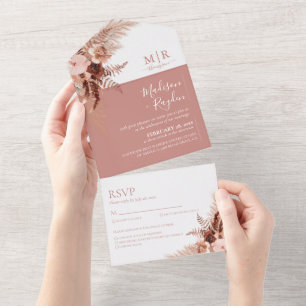Invitation Tout En Un Elégant Boho Dusty Rose Mariage Pampas
