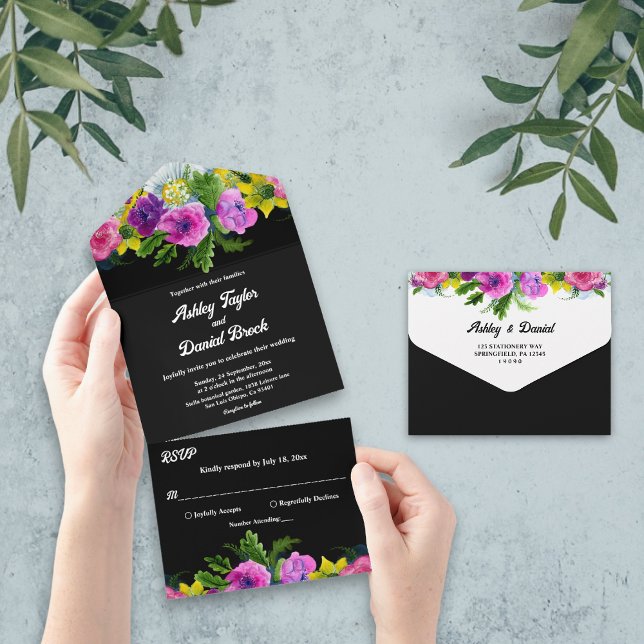 Invitation Tout En Un Elégant Boho Fleurs romantiques Black Floral Maria (Créateur téléchargé)