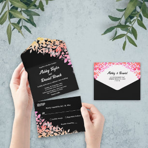 Invitation Tout En Un Elégant Boho Lumineux Rose Black Floral Mariage