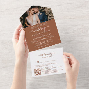 Invitation Tout En Un Elegant Boho RSVP QR Code Mariage en terre cuite