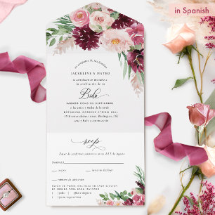 Invitation Tout En Un Elégant Bourgogne rose Blush Floral Mariage espagn