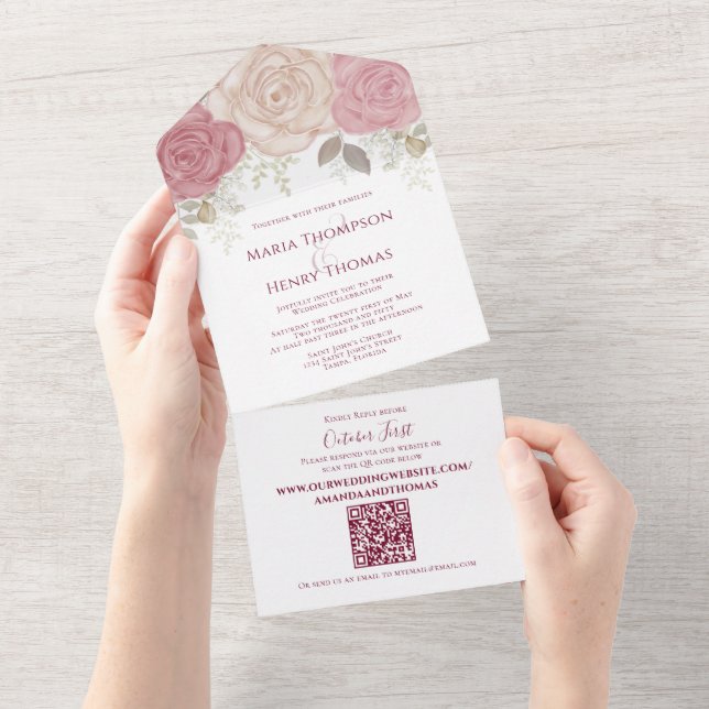 Invitation Tout En Un Elegant Burgundy Aquarelle QR Code Adresse Invité (Déchirure)