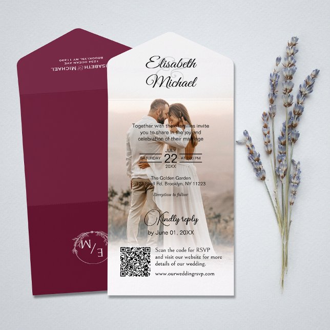Invitation Tout En Un Elegant Burgundy QR Code Mariage photo (All-in-one wedding invitation with QR code to RSVP - Simplify and save time for you and your guests.)