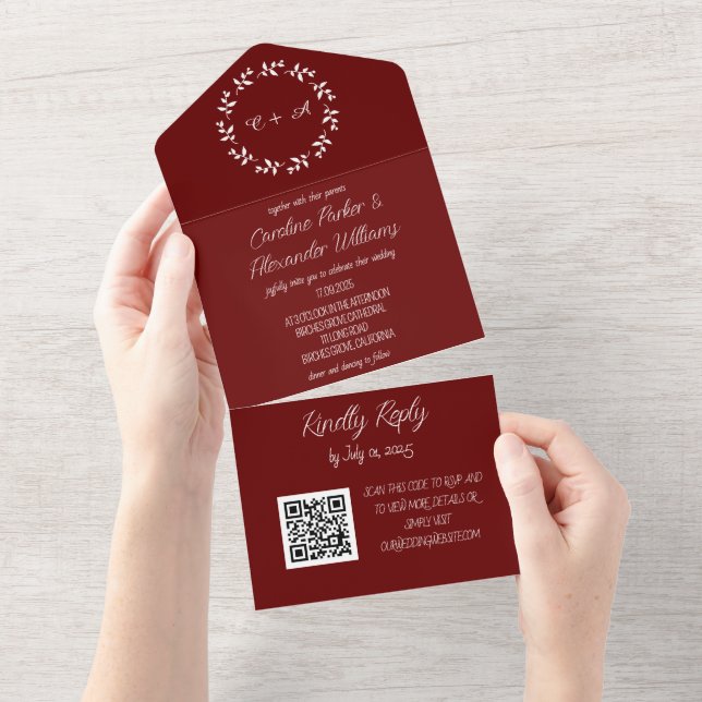 Invitation Tout En Un Élégant Burgundy Script moderne RSVP QR Code (Déchirure)