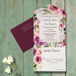 Invitation Tout En Un Elégant Cadre Floral Rose Blush Purple Peach Blanc