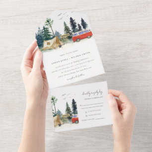Invitation Tout En Un Élégant Camping Aquarelle Mariage en Forêt de Pins