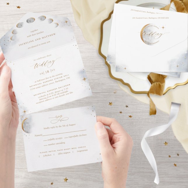 Invitation Tout En Un Élégant céleste lune d'or et étoiles Mariage (Créateur téléchargé)