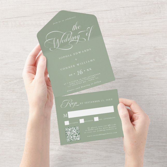 Invitation Tout En Un Élégant charme Script Mariage Sage Green (Déchirure)