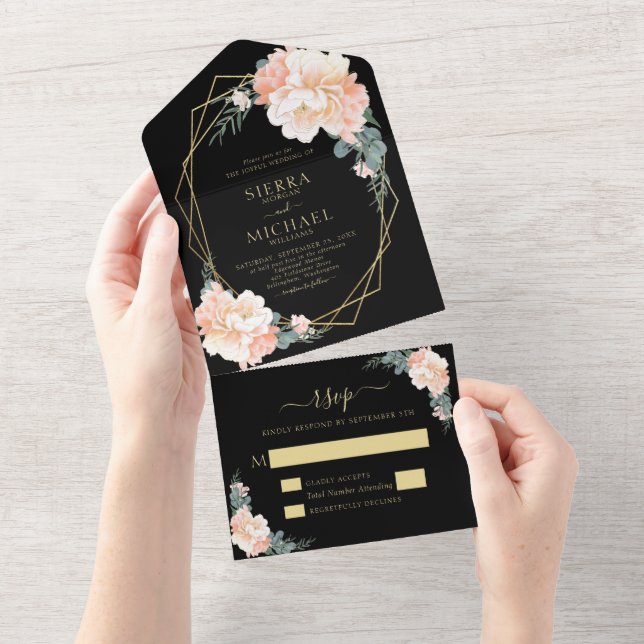 Invitation Tout En Un Élégant Chic Black Blush Gold Peach Floral Mariage (Déchirure)