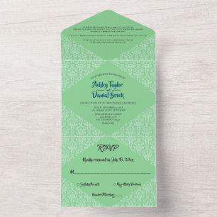 Invitation Tout En Un Élégant Chic Green Art Déco Damask Classic Mariage