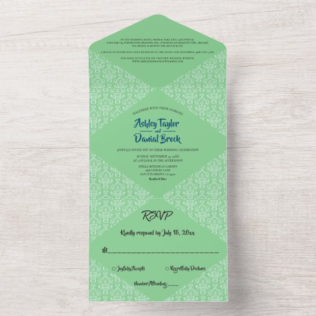 Invitation Tout En Un Élégant Chic Green Art Déco Damask Classic Mariage (À l'intérieur)