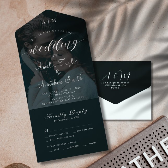 Invitation Tout En Un Elegant Chic Photo noir et blanc Mariage RSVP (Elegant Chic Photo Black and White RSVP Wedding All In One Invitation)