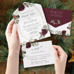 Invitation Tout En Un Elegant Christmas Burgundy Winter Wedding
