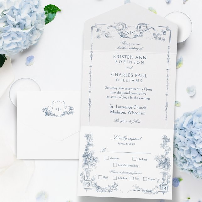 Invitation Tout En Un Élégant classique Dusty Bleu Français Floral (Créateur téléchargé)