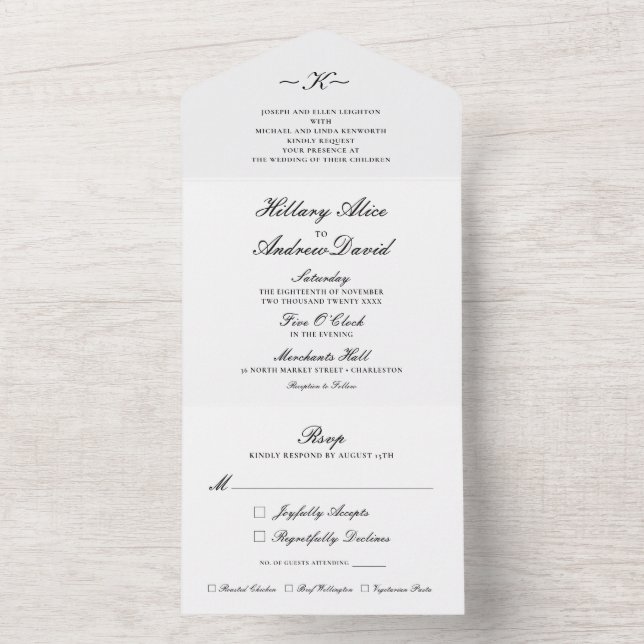 Invitation Tout En Un Élégant Classique Triptyque Mariage Noir et Blanc (À l'intérieur)