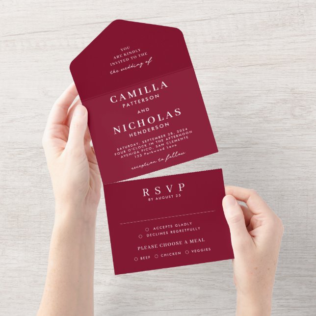 Invitation Tout En Un Elegant Classy Photo Bourgogne Mariage RSVP (Déchirure)
