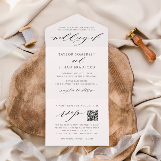 Invitation Tout En Un Élégant Code QR Blanc Réponse Calligraphie Mariage (Créateur téléchargé)