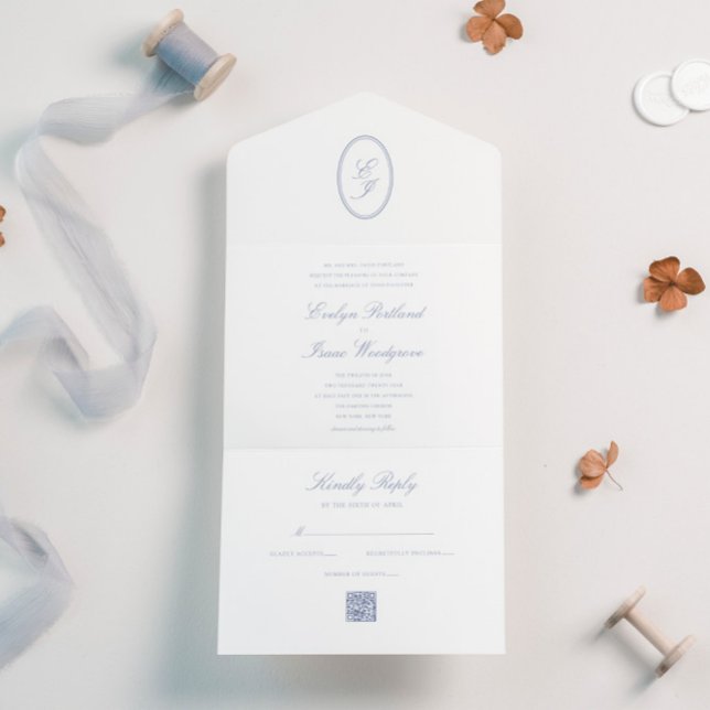 Invitation Tout En Un Élégant Code QR Calligraphie Bleu Poussiéreux RSVP (Créateur téléchargé)