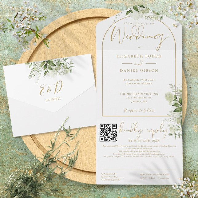 Invitation Tout En Un Élégant Code QR d'arche en or Végétal Mariage (Elegant Gold Arch QR Code Greenery Wedding All In One Invitation)