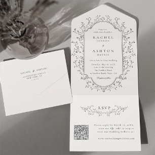 Invitation Tout En Un Élégant Code QR de Cadre Botanique Vintage Mariage