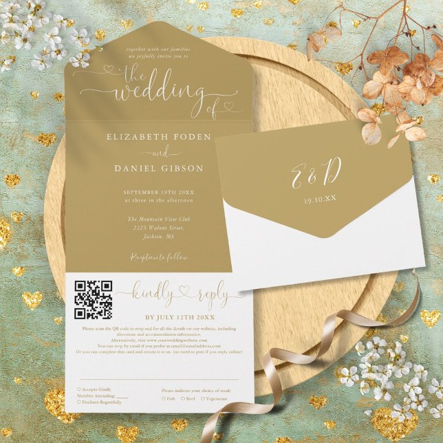 Invitation Tout En Un Élégant code QR de mariage à l'écriture de coeurs  (Elegant Gold Hearts Script QR Code Wedding All In One Invitation)