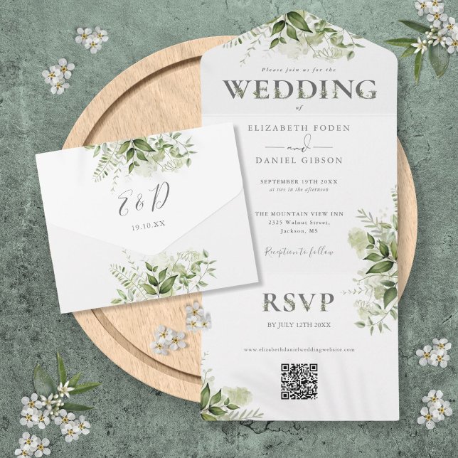Invitation Tout En Un Élégant Code QR de Mariage Rustique avec Verdure (Elegant Rustic Greenery QR Code Wedding All In One Invitation)