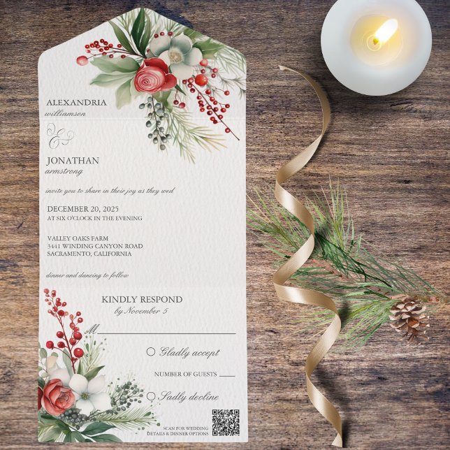 Invitation Tout En Un Elégant Code QR Fleurs d'hiver, Berries et Pins (Also available without QR code. )