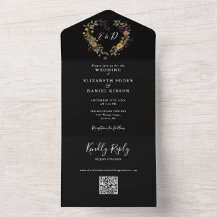 Invitation Tout En Un Élégant Code QR Floral Rustique Coeur Mariage