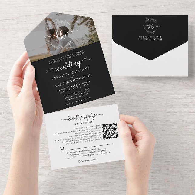 Invitation Tout En Un Élégant Code QR Monogramme Noir Photo Mariage (Créateur téléchargé)