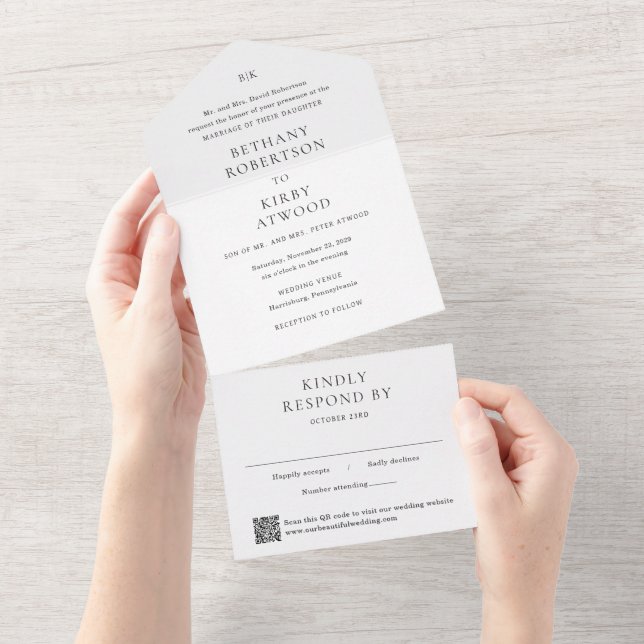 Invitation Tout En Un Élégant code QR noir et blanc Mariage Classique (Déchirure)