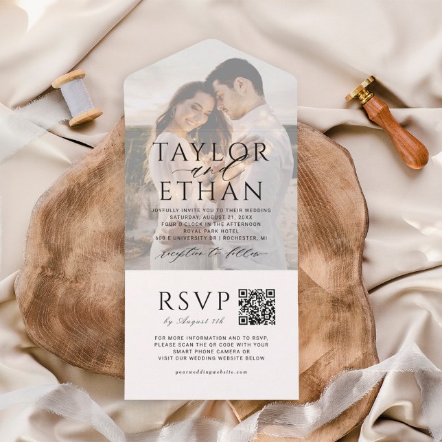 Invitation Tout En Un Élégant Code QR Photo Mariage Noir (Créateur téléchargé)
