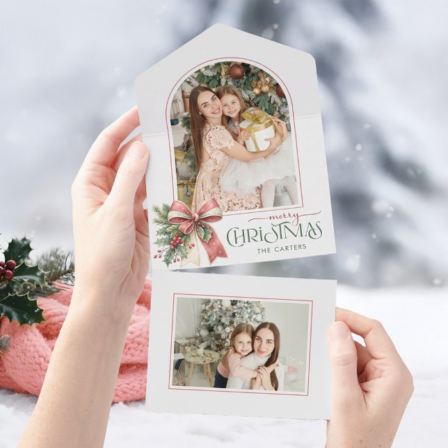 Invitation Tout En Un Elegant Coquette Bow Merry Christmas Arch Photo (Créateur téléchargé)