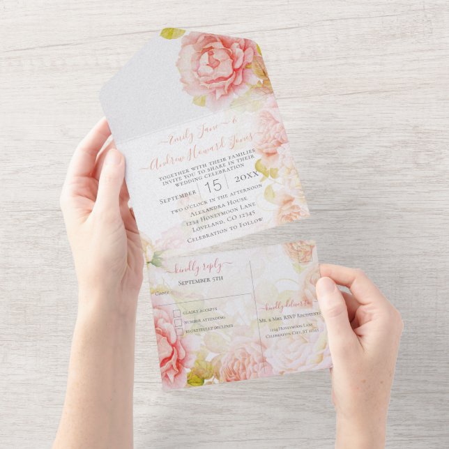 Invitation Tout En Un Elégant corail rose Secret Rose Jardin Mariage (Déchirure)
