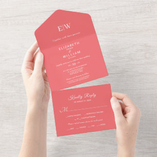 Invitation Tout En Un Elégant corail simple couché de soleil avec Mariag